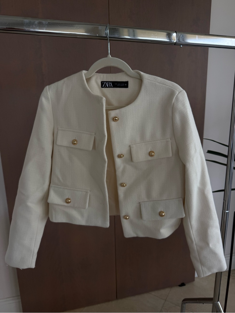 Zara Ivory Tweed Cropped Jacket with Gold Buttons